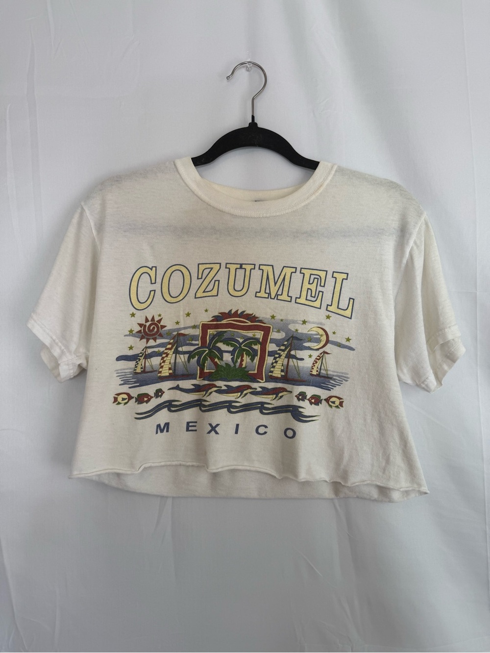 M&O Gold Cozumel Mexico Graphic Crop Tee White Vintage Style Tourist T-Shirt S